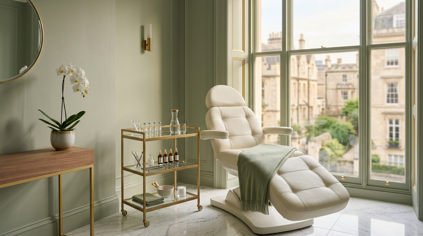 1. Cosmetic clinic room London with marble floors and professional skincare station.
