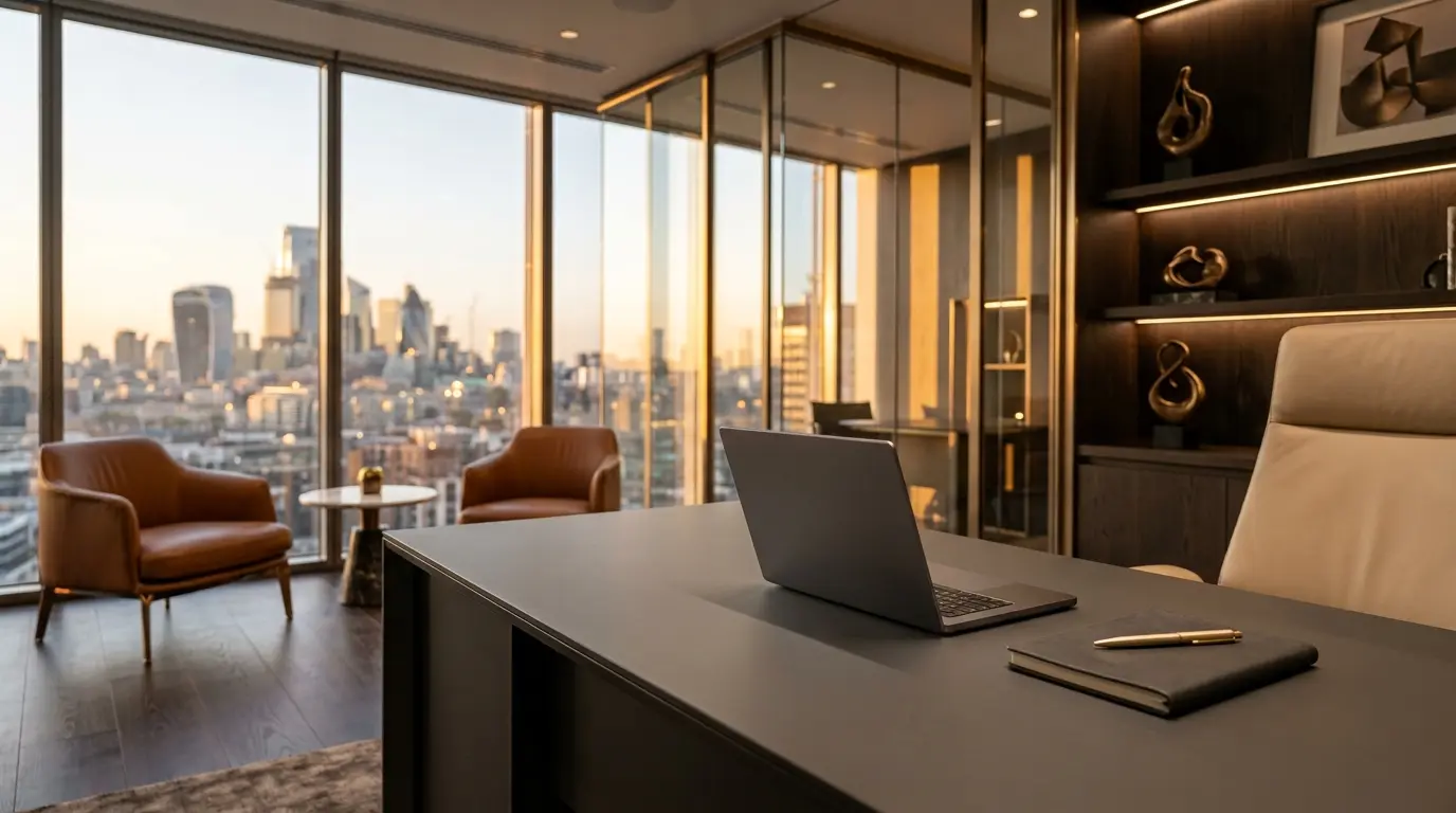 1. Financial office London with Walkie Talkie building view at golden hour through panoramic windows.