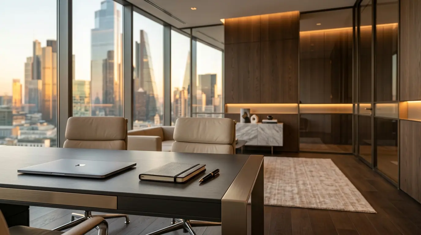1. London financial office at sunset showing the City skyline and premium wooden interior.