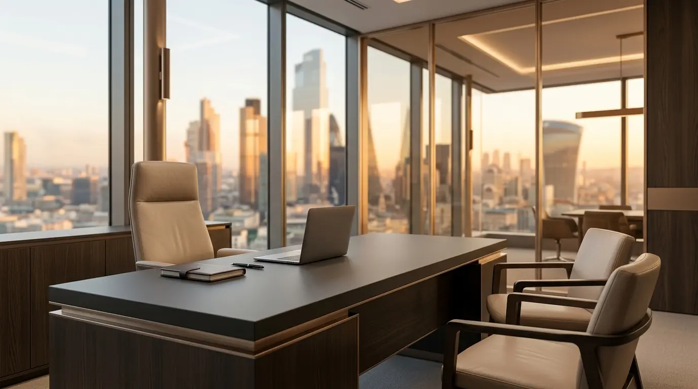 1. Premium CFD broker workspace London with high-rise City view and executive furnishings.