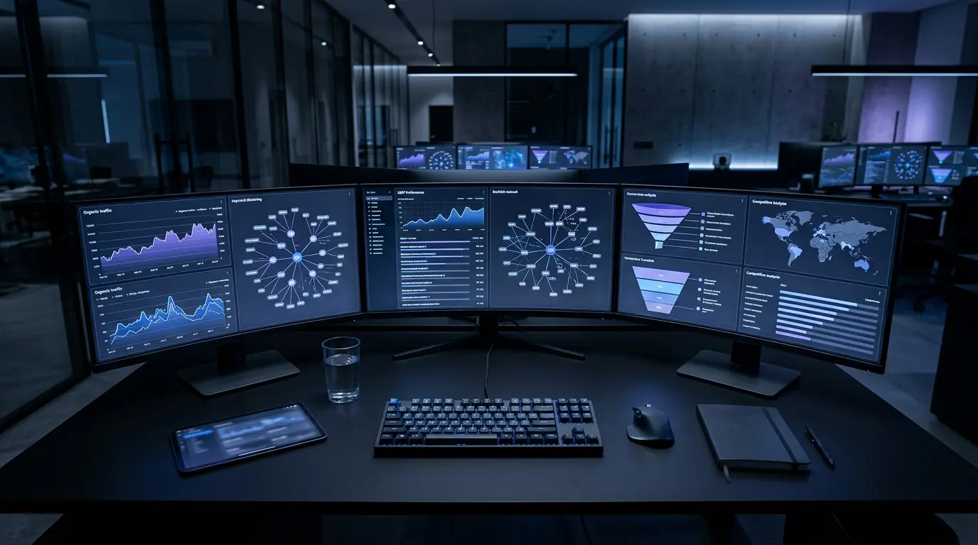 1. SEO analytics workspace in dark mode showing live B2B search performance dashboards.